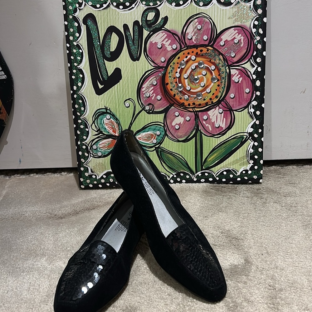 Black”tuxedo” velvet flats trimmed w sequins  worn once for a special occasion
